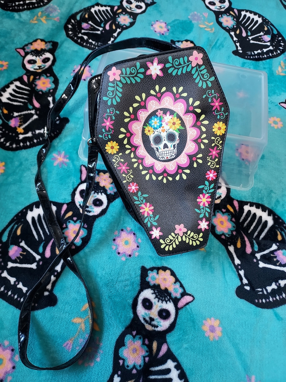 Hot Topic Black Coffin Crossbody with Colorful Sugar Skull Floral Art